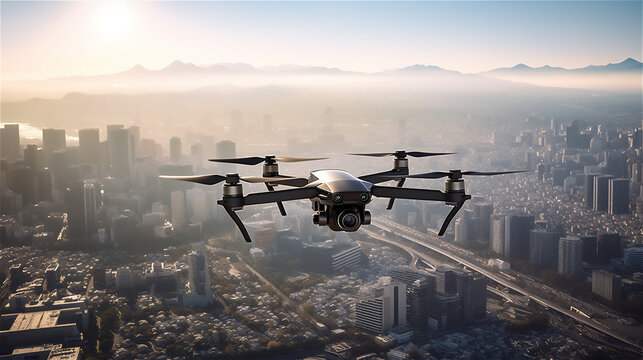 small drone with camera flies over a city in a surveillance role, generative AI
