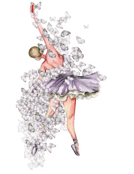 Watercolor dancing ballerina with butterfly. Lilac dresss ballerina. Picture for poster, invitation, postcard, background and posters