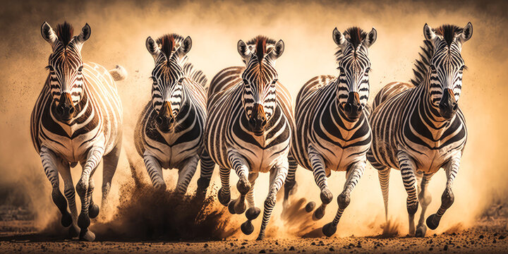 Spectacular image of 5 fierce zebras galloping towards the viewer in the African savanna, evoking a sense of thrilling adventure and raw natural beauty. Generative AI