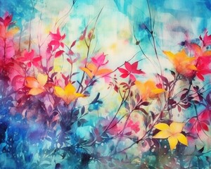 Colorful grunge-style abstract artwork with floral watercolor background and texture. (Generative AI)