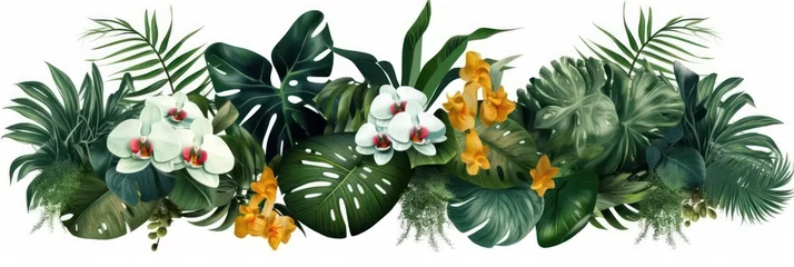 Selbstklebende Fototapeten Tropical vibes plant bush floral arrangement with tropical elements. Generative AI © nadunprabodana