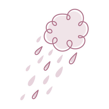 Summer rain. Cartoon cloud and rain drops. Pink color. Fun design for kids. Doodle style