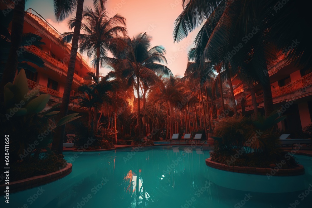 Poster a swimming pool with palm palms around it and the sun setting in the background generative ai