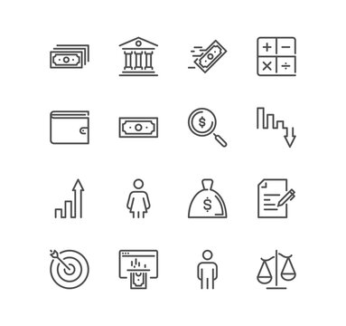 Set of finance related icons, money, stock market, contract, exchange, goal, target, bank safe, savings, investment, currency, earnings, income, revenue and linear variety vectors.