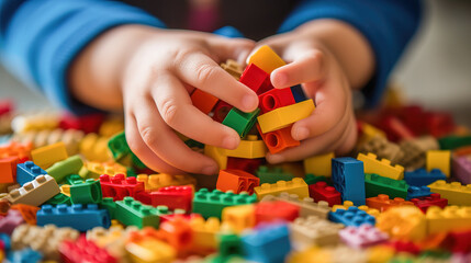 Close-up photograph of a little kid's hands as joyfully plays with a colorful set of building blocks. - obrazy, fototapety, plakaty