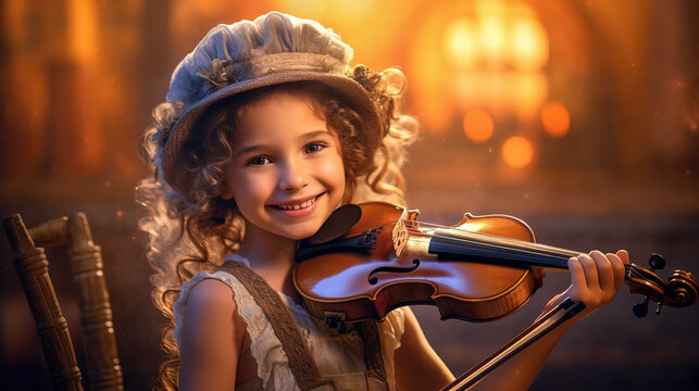 The little girl's face is filled with wonder as she plays with a set of musical instruments. AI-generated image