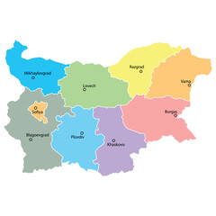 Bulgaria map background with regions, region names and cities in color. Bulgaria map isolated on white background. Vector illustration