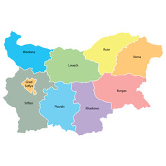 Bulgaria map background with regions, region names and cities in color. Bulgaria map isolated on white background. Vector illustration