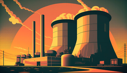 A power plant polluting in a labor poster styled image