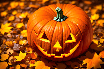 Halloween Pumpkin on autumn leaves, AI generated