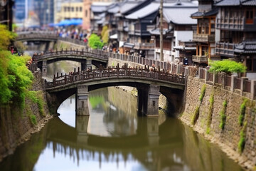 Fototapeta na wymiar A bridge over a river with people walking on it. Generative AI. Imaginary Nagasaki, city center.