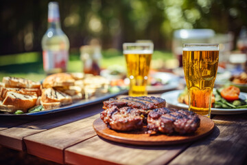 Grilled meat and vegetables, barbecue with friends, generative ai