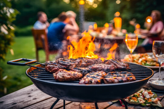 Grilled meat and vegetables, barbecue with friends, generative ai