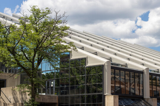 Cambridge, MA, USA - June 29, 2022: Architectural details of the Gund Hall, which houses the Harvard University Graduate School of Design, on the Harvard campus in Cambridge, Massachusetts.
