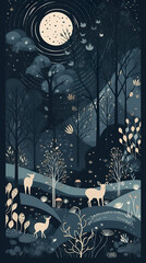 A night scene with deers and trees. Generative AI.
