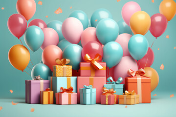 Obraz na płótnie Canvas happy birthday poster with balloons and gift box background, generative ai