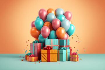Obraz na płótnie Canvas happy birthday poster with balloons and gift box background, generative ai