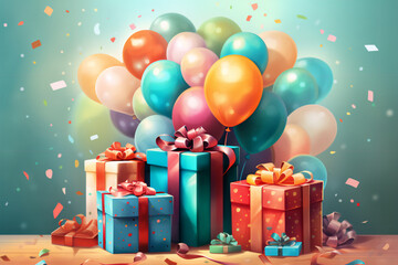 Fototapeta na wymiar happy birthday poster with balloons and gift box background, generative ai