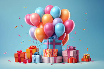 happy birthday poster with balloons and gift box background, generative ai