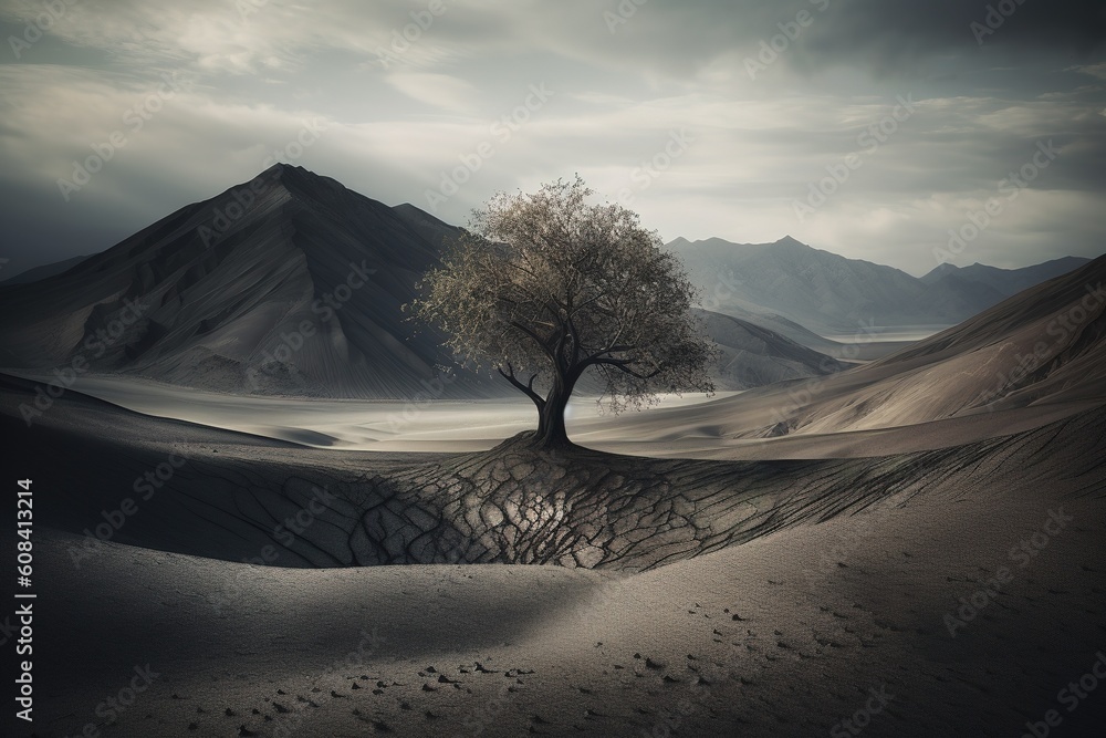 Poster a solitary tree growing in the midst of an empty wasteland Generative AI
