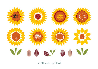 ひまわりの花のイラストセット（ひまわりの種、芽、葉っぱ）黄色