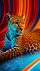A leopard laying down on a colorful background. Generative AI.