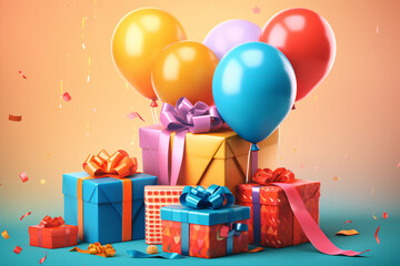 happy birthday poster with balloons and gift box background, generative ai