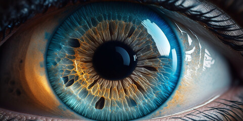 Iris Fotografie Nahaufnahme Makroaufnahme einer sch&ouml;nen blauen Iris mit Einblick in die Pupille, ai generativ