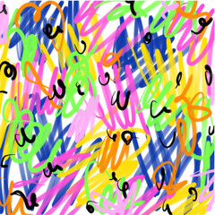 Childish Doodles with Colored Felt-Tip Pens. Cool Trendy Background with Colorful Freehand Scribbles. Messy and Chaotic Hand Drawn Zigzags, Daubs and Spots. Layout with Multicolor Abstract Doodle. 