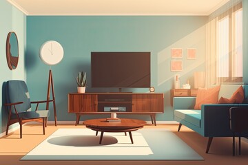 a living room with a TV cabinet, a round solid wood coffee table, and a light blue bedroom. Generative AI
