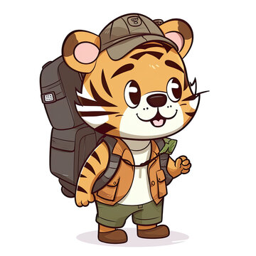 Little cute tiger backpacker, cartoon chibi style, generative AI illustration