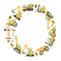 Kid boy toys. Construction vehicles watercolor wreath, frame, border. Excavator, concrete mixer, tractor, bulldozer, dump truck, forklift, truck crane. Children's toys. Birthday. Greeting card.