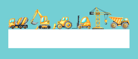 Children's construction vehicles watercolor poster, postcard. Frame, border. Excavator, concrete mixer, tractor, bulldozer, dump truck, forklift, tower crane. Kids toys. Baby boy. Birthday. 