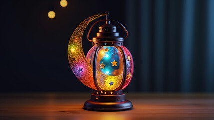 Holographic Ramadan lantern and crescent moon. Generative ai