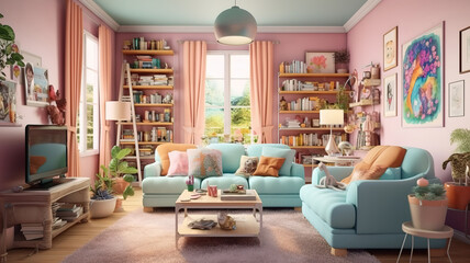 Cozy living room in pastel colors, Bright color. Generative ai