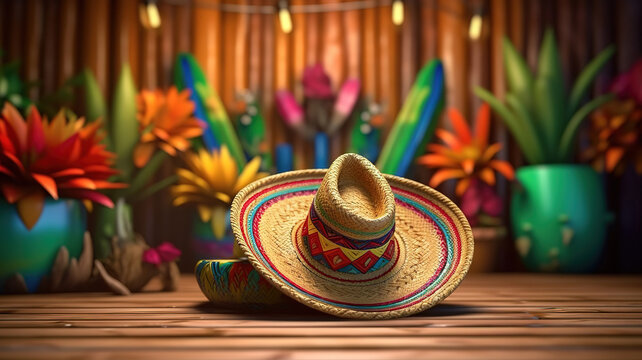 Cinco de Mayo holiday background with Mexican cactus and party sombrero hat. Generative ai