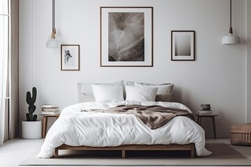 Fototapeta na wymiar A gorgeous, meticulously made bed in a bedroom of a home or hotel apartment, with pillows and cushions on top, and a small nightstand with a mock up picture frame in white on it. Generative AI