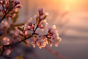 Flores de almendro en flor al atardecer. Ia generativa