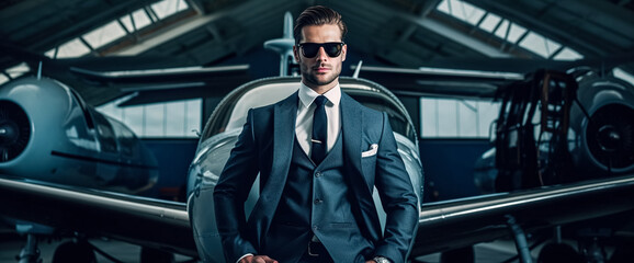 Handsome Business man in suit and sunglasses with private jet on background, the concept of a successful businessman. digital ai art - obrazy, fototapety, plakaty