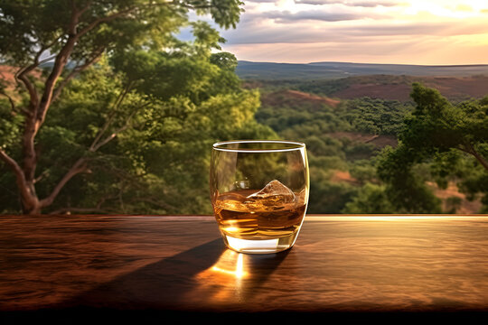 Whiskey glass on table view of nature in the background 