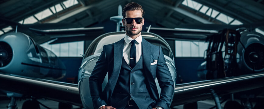 Handsome Business man in suit and sunglasses with private jet on background, the concept of a successful businessman. digital ai art - Powered by Adobe