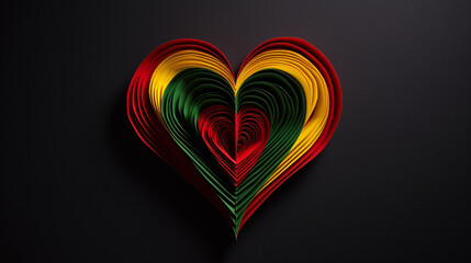 Paper Craft Heart on Black Background in Red, Yellow, and Green Color Tones - Juneteenth and Kwanzaa Inspired - Generative AI