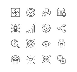 Set of core values related icons, diversity, exceptional, innovative, accountability, empathy, performance, process, progress, external business oriented values and linear variety symbols.