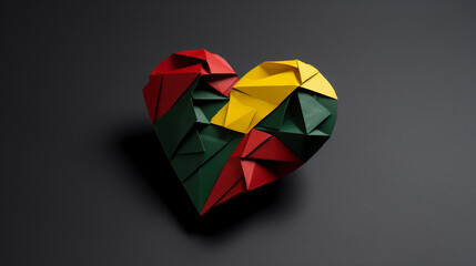 Paper Craft Heart on Black Background in Red, Yellow, and Green Color Tones - Juneteenth and Kwanzaa Inspired - Generative AI