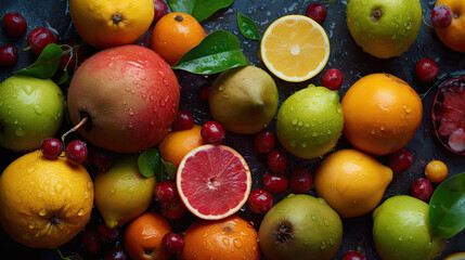 Fruit mix. Fruits and berries on a dark background.