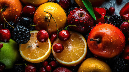 Variety of fresh fruits including apples, oranges, raspberries, blueberries and cherries.