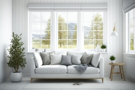 White room design with a sofa and summer view at the window. Nordic-style interior design. Generative AI