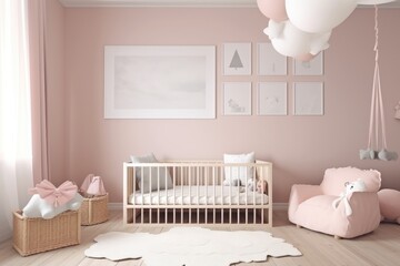 A mock up photo frame and paper clouds decorate the nursery's interior. hues white and pink. Comfortable children's room with blank poster mockup for text or image. Generative AI