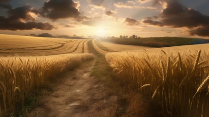 A golden wheat field basking in the warm sunlight,. Generative ai