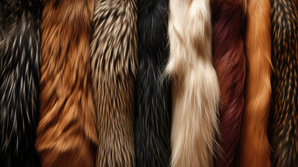 A collection of various fur coats of different colors and shapes arranged in a row. - obrazy, fototapety, plakaty